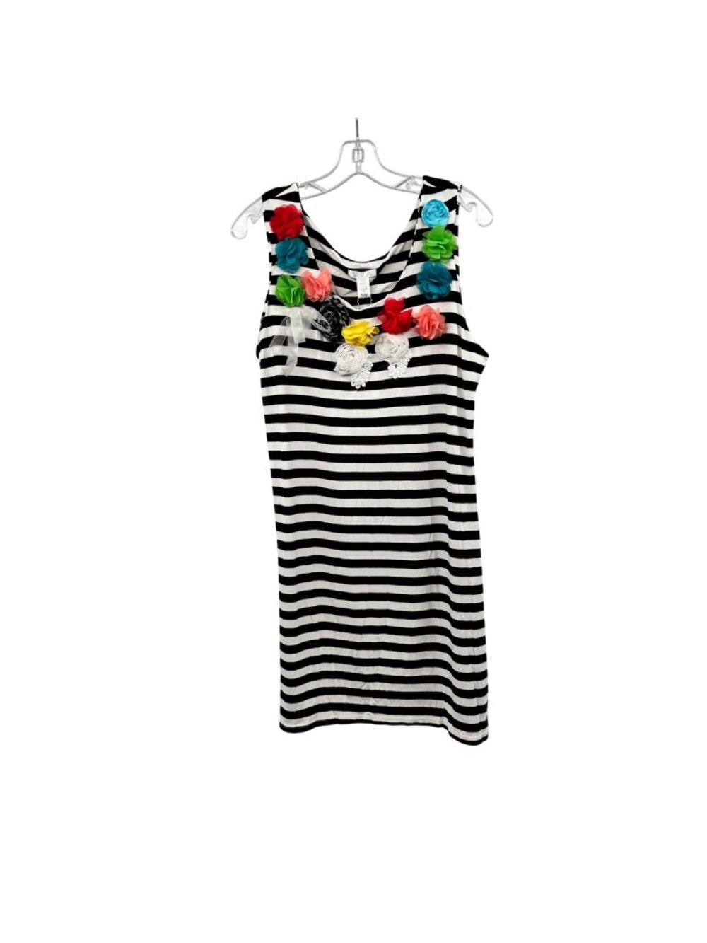 VASNA Striped Tank Dress Floral Appliques Black/Multi Size XL New